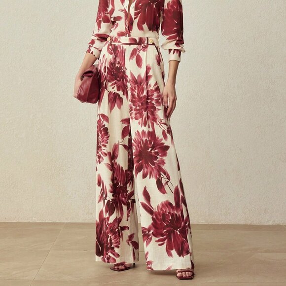 MODA ME COUTURE Pants - Burgundy Casual Women's Floral Print Straight Leg Wide Pants